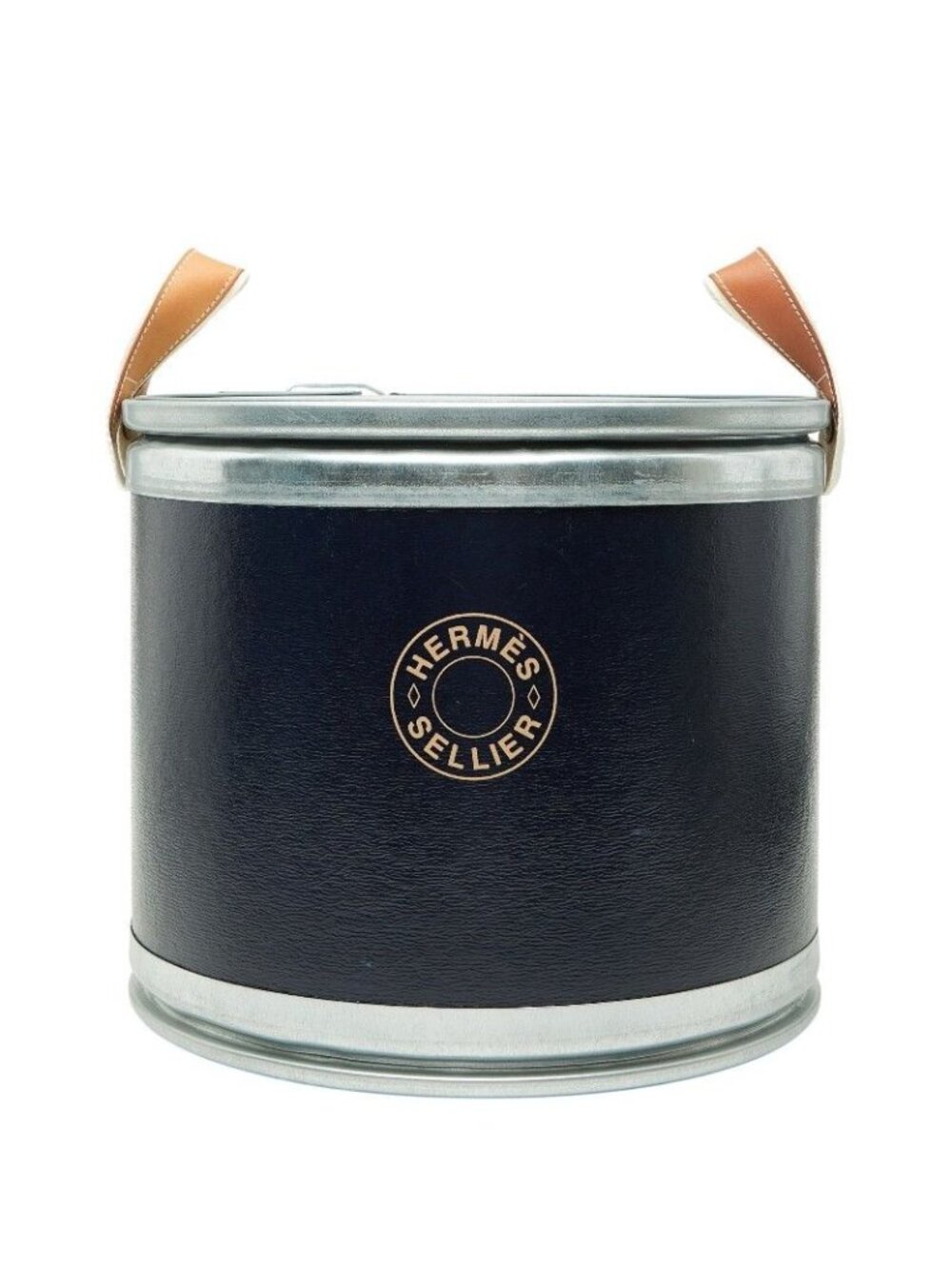 Hermes Saddle Box Horse Tackle Can Navy Silver Leather Metal Recycled Cardboard